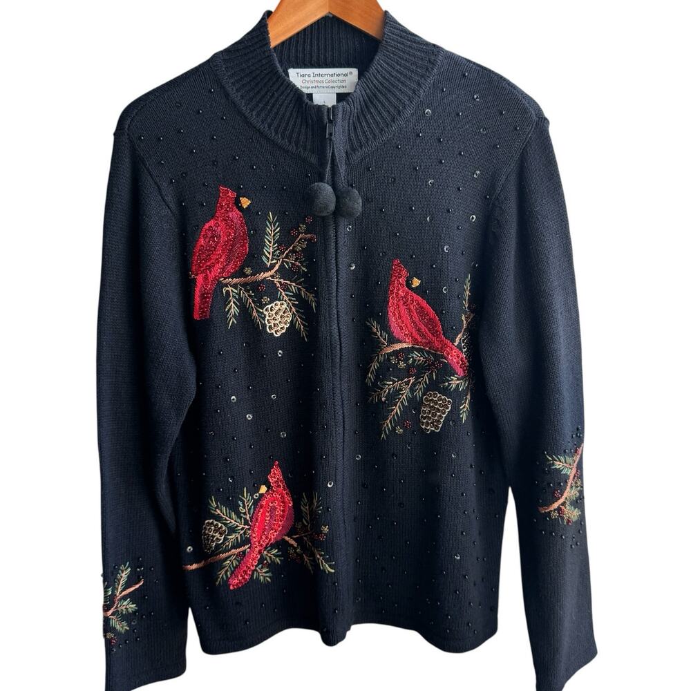 Vintage TIARA INTERNATIONAL Black Holiday Sweater Womens L  Embroidered Cardinal